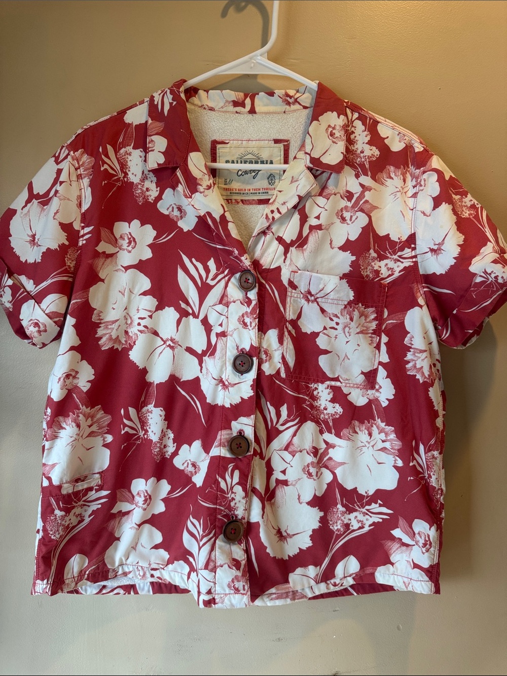 California Cowboy Terry-Lined Camp-Style Red Floral Button-Down Shirt
